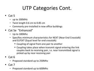 UTP Categories Cont.
• Cat 5
– up to 100MHz
– Twist length 0.6 cm to 0.85 cm
– Commonly pre-installed in new office buildings
• Cat 5e “Enhanced”
– Up to 100Mhz
– Specifies minimum characteristics for NEXT (Near End Crosstalk)
and ELFEXT (Equal level far end crosstalk)
• Coupling of signal from one pair to another
• Coupling takes place when transmit signal entering the link
couples back to receiving pair, i.e. near transmitted signal is
picked up by near receiving pair
• Cat 6
– Proposed standard up to 250Mhz
• Cat 7
– Proposed standard up to 600Mhz
 