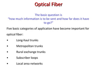 Optical FiberOptical Fiber
The basic question is
“how much information is to be sent and how far does it have
to go?”
Five basic categories of application have become important for
optical fiber:
• Long-haul trunks
• Metropolitan trunks
• Rural exchange trunks
• Subscriber loops
• Local area networks
 