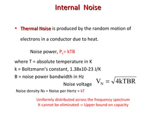 Internal NoiseInternal Noise
• Thermal NoiseThermal Noise is produced by the random motion of
electrons in a conductor due to heat.
Noise power, PN= kTB
where T = absolute temperature in K
k = Boltzmann’s constant, 1.38x10-23 J/K
B = noise power bandwidth in Hz
Noise voltage kTBR4VN =
Noise density N0 = Noise per Hertz = kT
Uniformly distributed across the frequency spectrum
It cannot be eliminated Upper bound on capacity⇒
 