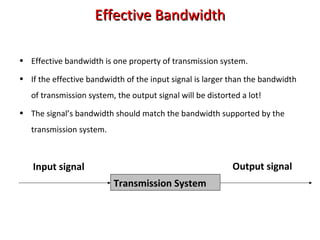Effective BandwidthEffective Bandwidth
• Effective bandwidth is one property of transmission system.
• If the effective bandwidth of the input signal is larger than the bandwidth
of transmission system, the output signal will be distorted a lot!
• The signal’s bandwidth should match the bandwidth supported by the
transmission system.
Transmission System
Input signal Output signal
 