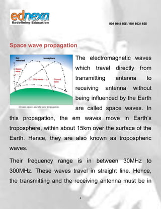 9011041155 / 9011031155
4
Space wave propagation
The electromagnetic waves
which travel directly from
transmitting antenna to
receiving antenna without
being influenced by the Earth
are called space waves. In
this propagation, the em waves move in Earth’s
troposphere, within about 15km over the surface of the
Earth. Hence, they are also known as tropospheric
waves.
Their frequency range is in between 30MHz to
300MHz. These waves travel in straight line. Hence,
the transmitting and the receiving antenna must be in
 