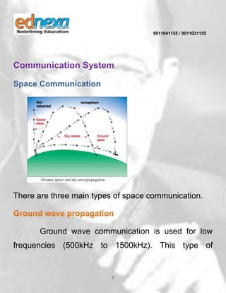 9011041155 / 9011031155
1
Communication System
Space Communication
There are three main types of space communication.
Ground wave propagation
Ground wave communication is used for low
frequencies (500kHz to 1500kHz). This type of
 