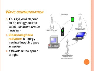 WAVE COMMUNICATION
 This systems depend
  on an energy source
  called electromagnetic
  radiation.
 Electromagnetic
  radiation is energy
  moving through space
  in waves.
 It travels at the speed
  of light
 
