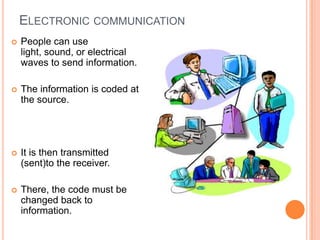 ELECTRONIC COMMUNICATION
   People can use
    light, sound, or electrical
    waves to send information.

   The information is coded at
    the source.




   It is then transmitted
    (sent)to the receiver.

   There, the code must be
    changed back to
    information.
 
