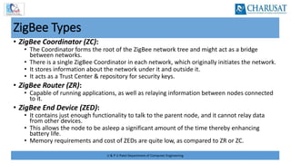 U & P U Patel Department of Computer Engineering
ZigBee Types
• ZigBee Coordinator (ZC):
• The Coordinator forms the root of the ZigBee network tree and might act as a bridge
between networks.
• There is a single ZigBee Coordinator in each network, which originally initiates the network.
• It stores information about the network under it and outside it.
• It acts as a Trust Center & repository for security keys.
• ZigBee Router (ZR):
• Capable of running applications, as well as relaying information between nodes connected
to it.
• ZigBee End Device (ZED):
• It contains just enough functionality to talk to the parent node, and it cannot relay data
from other devices.
• This allows the node to be asleep a significant amount of the time thereby enhancing
battery life.
• Memory requirements and cost of ZEDs are quite low, as compared to ZR or ZC.
 