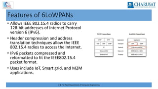 U & P U Patel Department of Computer Engineering
Features of 6LoWPANs
• Allows IEEE 802.15.4 radios to carry
128‐bit addresses of Internet Protocol
version 6 (IPv6).
• Header compression and address
translation techniques allow the IEEE
802.15.4 radios to access the Internet.
• IPv6 packets compressed and
reformatted to fit the IEEE802.15.4
packet format.
• Uses include IoT, Smart grid, and M2M
applications.
 