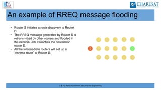 U & P U Patel Department of Computer Engineering
An example of RREQ message flooding
• Router S initiates a route discovery to Router
D.
• The RREQ message generated by Router S is
retransmitted by other routers and flooded in
the network until it reaches the destination
router D.
• All the intermediate routers will set up a
“reverse route” to Router S.
 