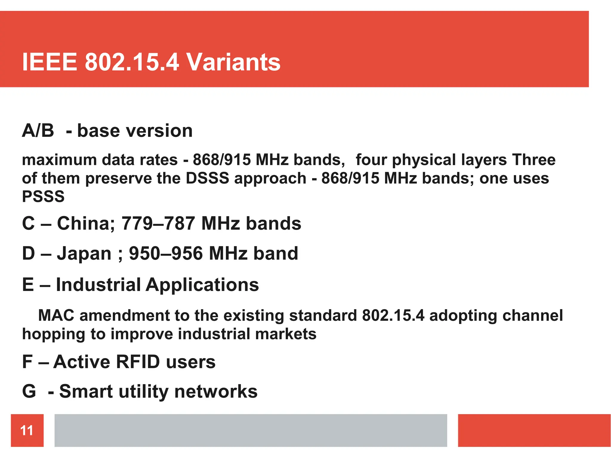 IEEE 802.15.4 Variants
11
A/B - base version
maximum data rates - 868/915 MHz bands, four physical layers Three
of them preserve the DSSS approach - 868/915 MHz bands; one uses
PSSS
C – China; 779–787 MHz bands
D – Japan ; 950–956 MHz band
E – Industrial Applications
MAC amendment to the existing standard 802.15.4 adopting channel
hopping to improve industrial markets
F – Active RFID users
G - Smart utility networks
 