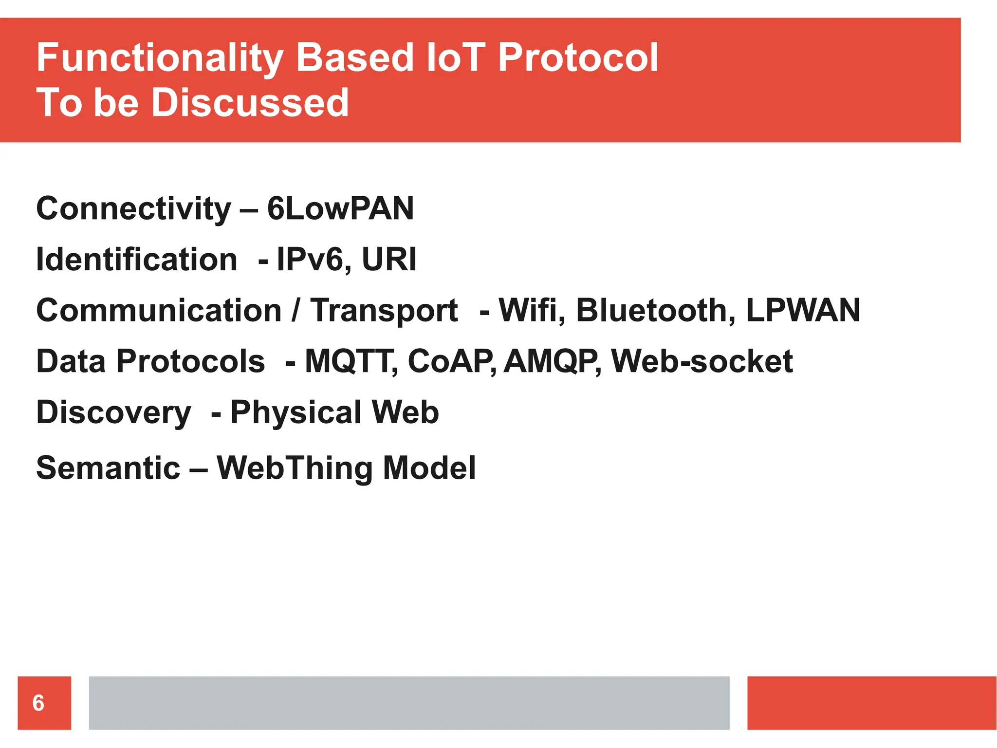 Functionality Based IoT Protocol
To be Discussed
6
Connectivity – 6LowPAN
Identification - IPv6, URI
Communication / Transport - Wifi, Bluetooth, LPWAN
Data Protocols - MQTT, CoAP, AMQP, Web-socket
Discovery - Physical Web
Semantic – WebThing Model
 