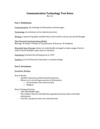 Communication Technology Test Notes (updated)
                                      By: J. D.


Part 1: Definitions:

Comm...