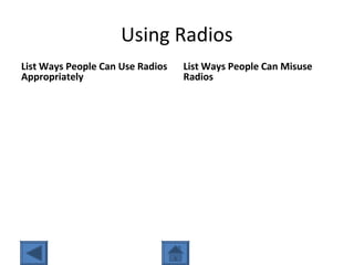 Using Radios
List Ways People Can Use Radios
Appropriately
List Ways People Can Misuse
Radios
 