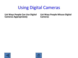 Using Digital Cameras
List Ways People Can Use Digital
Cameras Appropriately
List Ways People Misuse Digital
Cameras
 