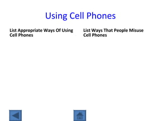 Using Cell Phones
List Appropriate Ways Of Using
Cell Phones
List Ways That People Misuse
Cell Phones
 