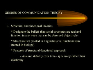 GENRES OF COMMUNICATION THEORY
1. Structural and functional theories
* Designate the beliefs that social structures are real and
function in any ways that can be observed objectively.
* Structuralism (rooted in linguistics) vs. functionalism
(rooted in biology)
* Features of structural-functional approach:
- Assume stability over time– synchrony rather than
diachrony
 