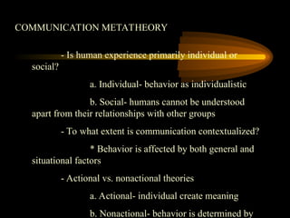 COMMUNICATION METATHEORY
- Is human experience primarily individual or
social?
a. Individual- behavior as individualistic
b. Social- humans cannot be understood
apart from their relationships with other groups
- To what extent is communication contextualized?
* Behavior is affected by both general and
situational factors
- Actional vs. nonactional theories
a. Actional- individual create meaning
b. Nonactional- behavior is determined by
 