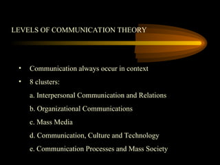 LEVELS OF COMMUNICATION THEORY
• Communication always occur in context
• 8 clusters:
a. Interpersonal Communication and Relations
b. Organizational Communications
c. Mass Media
d. Communication, Culture and Technology
e. Communication Processes and Mass Society
 
