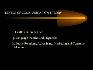 LEVELS OF COMMUNICATION THEORY
f. Health communication
g. Language theories and linguistics
h. Public Relations, Advertising, Marketing and Consumer
Behavior
 