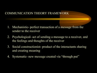 COMMUNICATION THEORY FRAMEWORK
1. Mechanistic- perfect transaction of a message from the
sender to the receiver
2. Psychological- act of sending a message to a receiver, and
the feelings and thoughts of the receiver
3. Social constructionist- product of the interactants sharing
and creating meaning
4. Systematic- new message created via “through put”
 