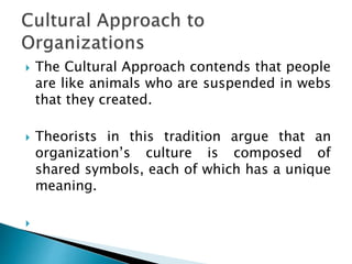  The Cultural Approach contends that people
are like animals who are suspended in webs
that they created.
 Theorists in this tradition argue that an
organization’s culture is composed of
shared symbols, each of which has a unique
meaning.

 