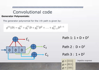 Convolutional code
Generator Polynomials:
The generator polynomial for the i-th path is given by:
Path 1: 1 + D + D2
Path 2 : D + D2
Path 3 : 1 + D2
0 0 0
C1
C2
C3
g1 = [111]
g2 = [011]
g3 = [101]
impulse response
 