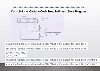 Convolutional Codes – Code Tree, Trellis and State Diagram
Assuming flipflops are initialized as 000, What is the output for input bit 1
C1 = mj-2 + mj-1 + mj ,
C2 = mj-2 + mj
Assuming flipflops are initialized as 000, What is the output for input bit 0
C1
C2
Assuming flipflops are initialized as 000, What is the output for input bit 0 after bit 1
Assuming flipflops are initialized as 000, What is the output for input bit 1 after bit 1
 