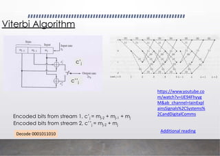 c’j
c’’j
Encoded bits from stream 1, c’j = mj-2 + mj-1 + mj
Encoded bits from stream 2, c’’j = mj-2 + mj
Viterbi Algorithm
Decode 0001011010
https://www.youtube.co
m/watch?v=IJE94Fhyyg
M&ab_channel=IainExpl
ainsSignals%2CSystems%
2CandDigitalComms
Additional reading
 