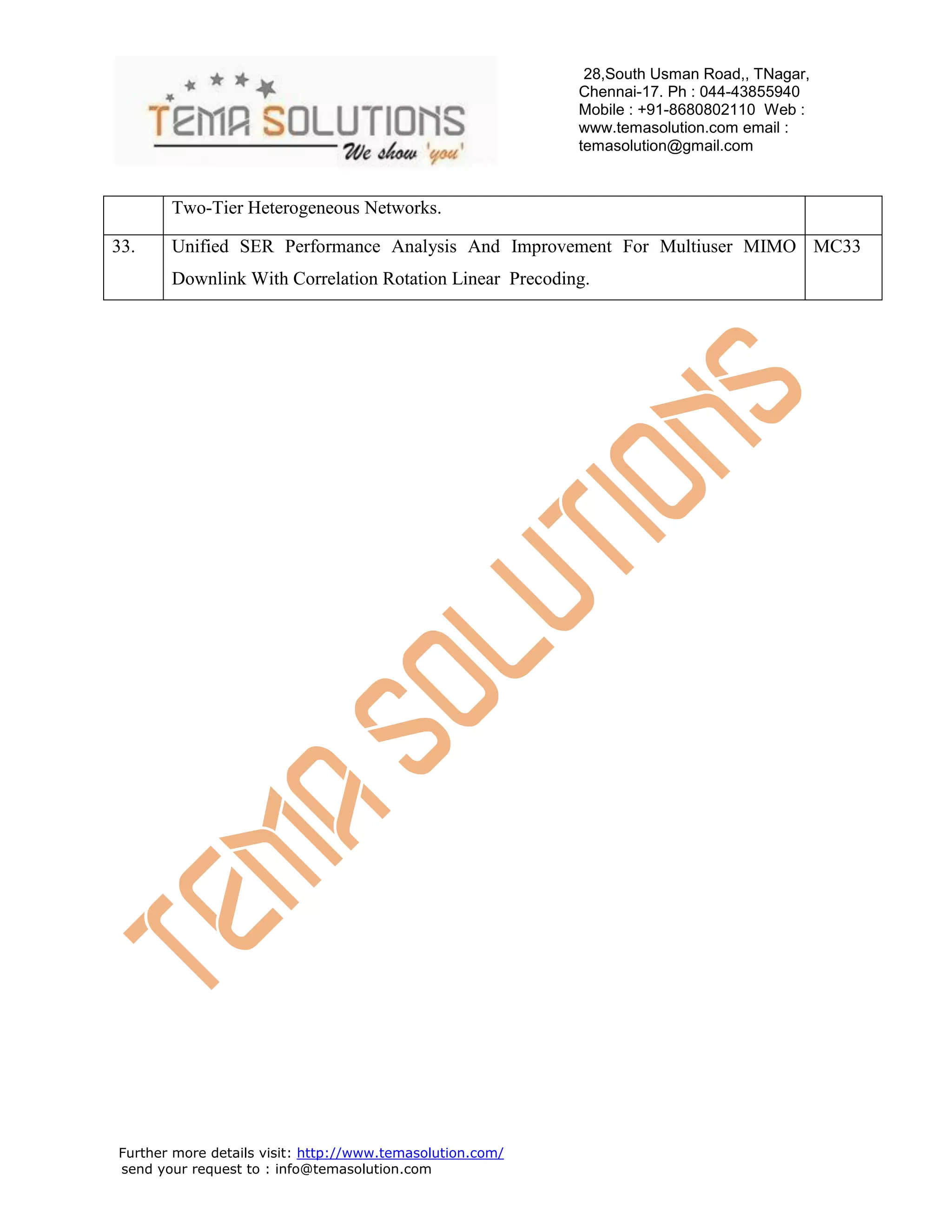 28,South Usman Road,, TNagar,
Chennai-17. Ph : 044-43855940
Mobile : +91-8680802110 Web :
www.temasolution.com email :
temasolution@gmail.com

Two-Tier Heterogeneous Networks.
33.

Unified SER Performance Analysis And Improvement For Multiuser MIMO MC33
Downlink With Correlation Rotation Linear Precoding.

Further more details visit: http://www.temasolution.com/
send your request to : info@temasolution.com

 