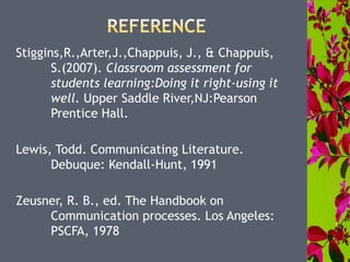 Stiggins,R.,Arter,J.,Chappuis, J., & Chappuis,
S.(2007). Classroom assessment for
students learning:Doing it right-using it
well. Upper Saddle River,NJ:Pearson
Prentice Hall.
Lewis, Todd. Communicating Literature.
Debuque: Kendall-Hunt, 1991
Zeusner, R. B., ed. The Handbook on
Communication processes. Los Angeles:
PSCFA, 1978
 