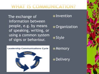  Invention
 Organization
 Style
 Memory
 Delivery
The exchange of
information between
people, e.g. by means
of speaking, writing, or
using a common system
of signs or behaviour.
 