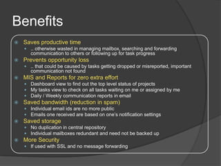 Benefits
   Saves productive time
     .. otherwise wasted in managing mailbox, searching and forwarding
       communication to others or following up for task progress
   Prevents opportunity loss
     .. that could be caused by tasks getting dropped or misreported, important
       communication not found
   MIS and Reports for zero extra effort
     Dashboard view to find out the top level status of projects
     My tasks view to check on all tasks waiting on me or assigned by me
     Daily / Weekly communication reports in email
   Saved bandwidth (reduction in spam)
     Individual email ids are no more public
     Emails one received are based on one’s notification settings
   Saved storage
     No duplication in central repository
     Individual mailboxes redundant and need not be backed up
   More Security
     If used with SSL and no message forwarding
 