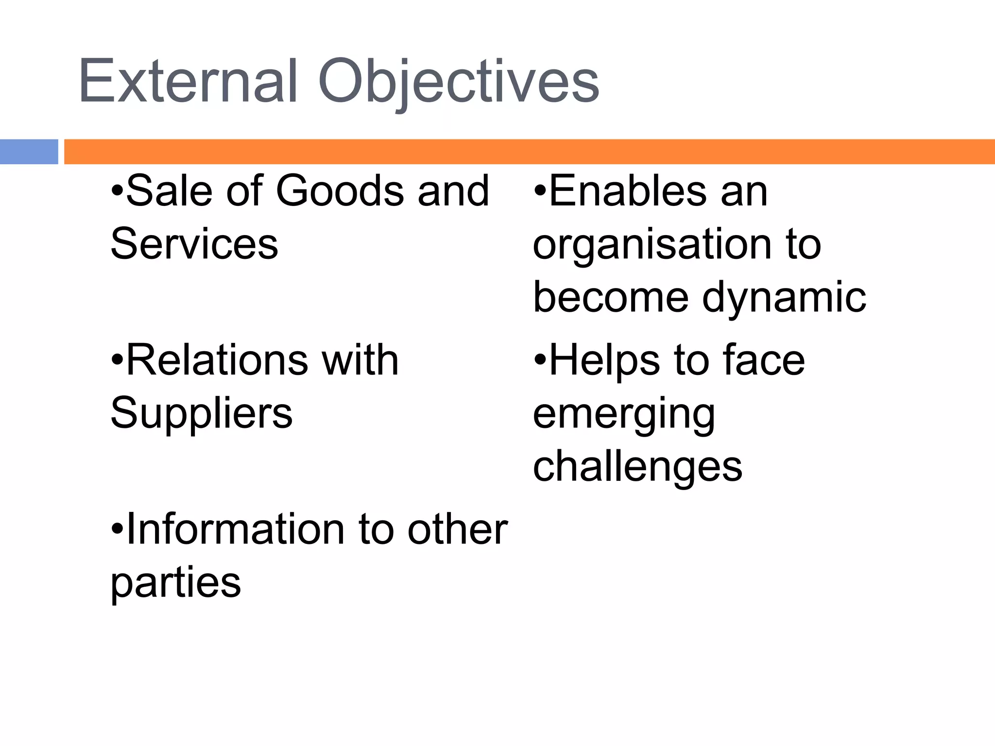 External Objectives
•Sale of Goods and
Services
•Enables an
organisation to
become dynamic
•Relations with
Suppliers
•Helps to face
emerging
challenges
•Information to other
parties
 