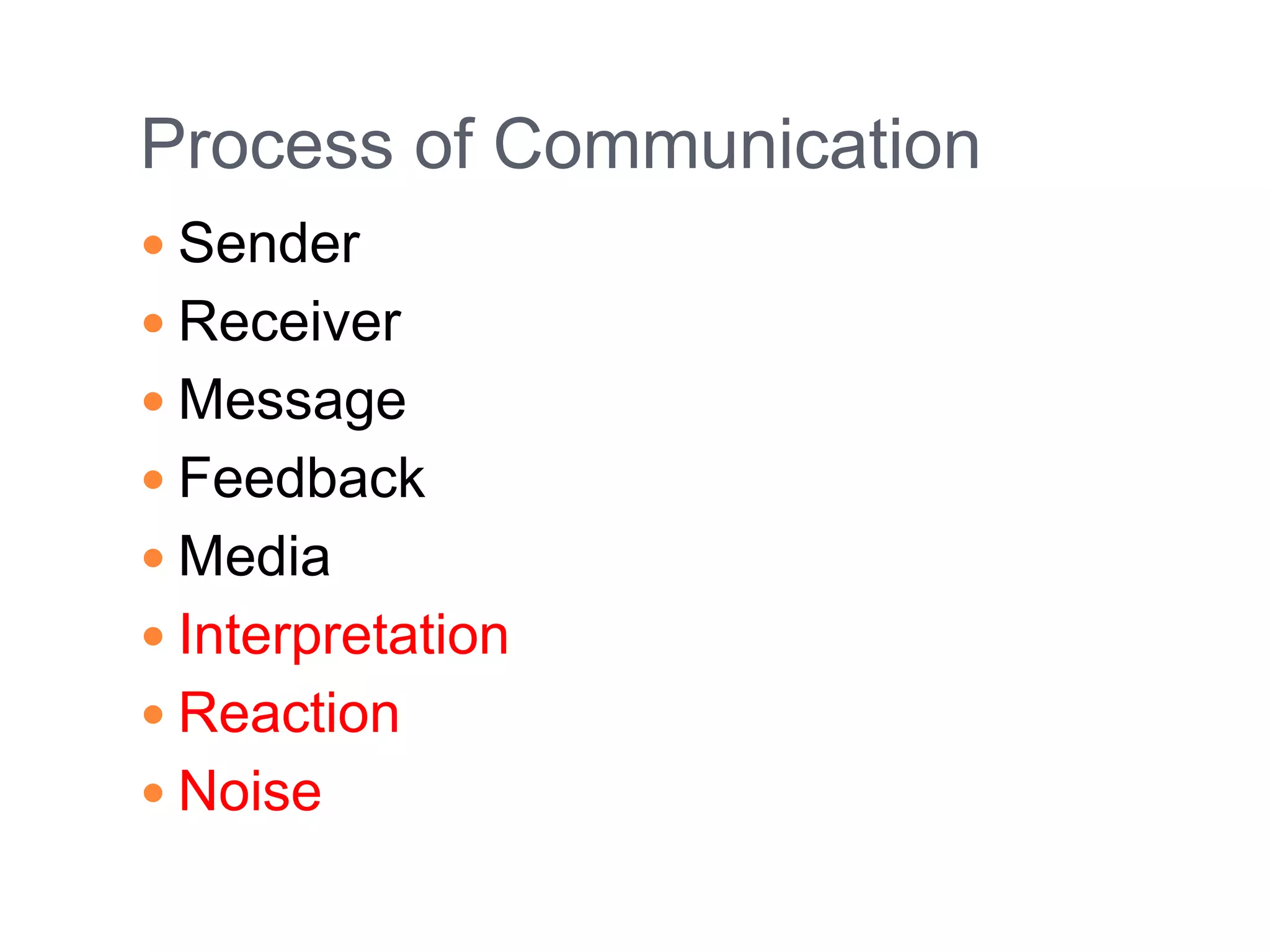 Process of Communication
 Sender
 Receiver
 Message
 Feedback
 Media
 Interpretation
 Reaction
 Noise
 