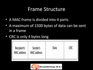 Frame Structure
• A MAC frame is divided into 4 parts
• A maximum of 1500 bytes of data can be sent
  in a frame
• CRC is only 4 bytes long
 