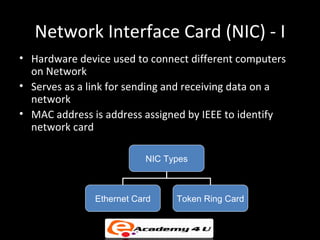 Network Interface Card (NIC) - I
• Hardware device used to connect different computers
  on Network
• Serves as a link for sending and receiving data on a
  network
• MAC address is address assigned by IEEE to identify
  network card

                          NIC Types



               Ethernet Card    Token Ring Card
 