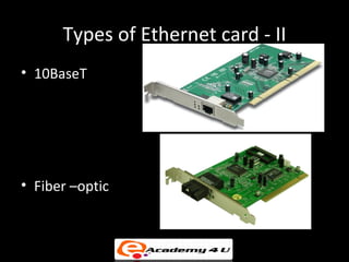 Types of Ethernet card - II
• 10BaseT




• Fiber –optic
 