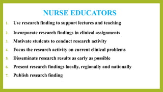 NURSE EDUCATORS
1. Use research finding to support lectures and teaching
2. Incorporate research findings in clinical assignments
3. Motivate students to conduct research activity
4. Focus the research activity on current clinical problems
5. Disseminate research results as early as possible
6. Present research findings locally, regionally and nationally
7. Publish research finding
 