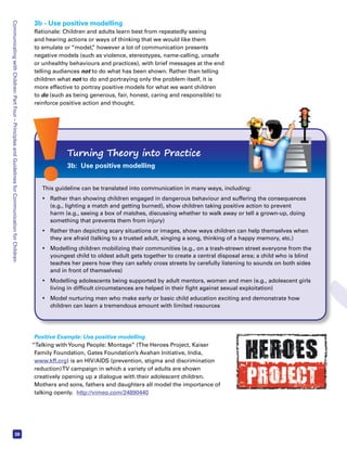 Communicating with Children: Part Four – Principles and Guidelines for Communication for Children 38 
3b - Use positive modelling 
Rationale: Children and adults learn best from repeatedly seeing 
and hearing actions or ways of thinking that we would like them 
to emulate or “model,” however a lot of communication presents 
negative models (such as violence, stereotypes, name-calling, unsafe 
or unhealthy behaviours and practices), with brief messages at the end 
telling audiences not to do what has been shown. Rather than telling 
children what not to do and portraying only the problem itself, it is 
more effective to portray positive models for what we want children 
to do (such as being generous, fair, honest, caring and responsible) to 
reinforce positive action and thought. 
Turning Theory into Practice 
3b: Use positive modelling 
This guideline can be translated into communication in many ways, including: 
• Rather than showing children engaged in dangerous behaviour and suffering the consequences 
(e.g., lighting a match and getting burned), show children taking positive action to prevent 
harm (e.g., seeing a box of matches, discussing whether to walk away or tell a grown-up, doing 
something that prevents them from injury) 
• Rather than depicting scary situations or images, show ways children can help themselves when 
they are afraid (talking to a trusted adult, singing a song, thinking of a happy memory, etc.) 
• Modelling children mobilizing their communities (e.g., on a trash-strewn street everyone from the 
youngest child to oldest adult gets together to create a central disposal area; a child who is blind 
teaches her peers how they can safely cross streets by carefully listening to sounds on both sides 
and in front of themselves) 
• Modelling adolescents being supported by adult mentors, women and men (e.g., adolescent girls 
living in difficult circumstances are helped in their fight against sexual exploitation) 
• Model nurturing men who make early or basic child education exciting and demonstrate how 
children can learn a tremendous amount with limited resources 
Positive Example: Use positive modelling 
“Talking with Young People: Montage” (The Heroes Project, Kaiser 
Family Foundation, Gates Foundation’s Avahan Initiative, India, 
www.kff.org) is an HIV/AIDS (prevention, stigma and discrimination 
reduction) TV campaign in which a variety of adults are shown 
creatively opening up a dialogue with their adolescent children. 
Mothers and sons, fathers and daughters all model the importance of 
talking openly. http://vimeo.com/24890440 
 