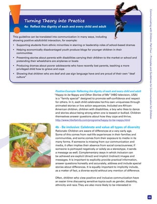 Communicating with Children: Part Four – Principles and Guidelines for Communication for Children 
43 
Turning Theory into Practice 
4a: Reflect the dignity of each and every child and adult 
This guideline can be translated into communication in many ways, including 
showing positive adult/child interaction, for example: 
• Supporting students from ethnic minorities in starring or leadership roles of school-based dramas 
• Helping economically disadvantaged youth produce blogs for younger children in their 
Positive Example: Reflecting the dignity of each and every child and adult 
“Happy to be Nappy and Other Stories of Me” (HBO television, USA) 
is a “family special” designed to promote self-confidence and respect 
for others. In it, each child celebrates her/his own uniqueness through 
animated stories or live action sequences. Included are African- 
American children, children with disabilities, a boy who likes to dance 
and stories about being strong when one is teased or bullied. Children 
themselves answer questions about how they cope and thrive. 
http://www.hbofamily.com/programs/happy-to-be-nappy.html 
4b - Be inclusive: Celebrate and value all types of diversity 
Rationale: Children are aware of differences at a very early age. 
Some of this comes from real-life experiences in their families and 
communities, and some comes from their exposure to media in its 
many forms. If someone is missing from our communication and 
media, it often implies their absence from social consciousness; if 
someone is portrayed negatively or solely as a stereotype, it sends 
a message as well. Complementary ways in which inclusion can 
be achieved are explicit (direct) and implicit (indirect) images and 
messages. It is important to explicitly provide practical information, 
answer questions honestly and accurately, address and include special 
stories about differences. It is equally important to implicitly include, 
as a matter of fact, a diverse world without any mention of difference. 
Often, children who view positive and inclusive communication have 
an easier time discussing sensitive topics such as gender, disability, 
ethnicity and race. They are also more likely to be interested in 
communities 
• Presenting stories about parents with disabilities carrying their children to the market or school and 
pretending their wheelchairs are airplanes or boats 
• Producing dramas about poorer adolescents who have recently lost parents, teaching a more 
privileged child how to grieve and cope 
• Showing that children who are deaf and use sign language have and are proud of their own “deaf 
culture” 
 