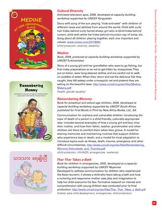 Communicating with Children: Part Six – More Positive Examples and Resources 
61 
Cultural Diversity 
Animated television spot, 2008, developed at capacity-building 
workshop supported by UNICEF Kyrgyzstan 
Story with song of the sun playing “hide-and-seek” with children of 
different races and abilities from around the world. Child with curly 
hair hides behind curly haired sheep; girl who is blind hides behind 
curtain; child with white hat hides behind mountain cap of snow, etc. 
Song about all children playing together, each one important and 
valued. www.vimeo.com/24118963 
(child protection, diversity, disability) 
Medine 
Book, 2009, produced at capacity-building workshop supported by 
UNICEF Turkmenistan 
Story of a young girl and her grandfather who want to go fishing, but 
first make preparations so as not to get bitten by mosquitoes: They 
put on lotion, wear long-sleeved clothes and are careful not to walk 
on puddles of water. When they return and eat the delicious fish they 
caught, they fall asleep under a mosquito net and pretend they are 
sailing on the beautiful seas. http://www.unicef.org/cwc/files/Medine_ 
Malaria.pdf 
(health, gender equality) 
Remembering Mommy 
Book for preschool and school-age children, 2006, developed at 
capacity-building workshop supported by UNICEF South Africa, 
published for First Words in Print by New Africa Books, Ltd., SA 
Communication for orphans and vulnerable children introducing the 
topic of death of a parent in a child-friendly, culturally-appropriate 
way: includes several examples of how a young girl and boy miss 
their mother, and how their father, teacher, grandmother and other 
children are there to comfort them when they grieve. A model for 
sharing memories and maintaining routines that support children 
who experience loss or death; and a model for local adaptation to 
introduce topics such as illness, death, trauma, emergency and other 
difficult circumstances. http://www.unicef.org/cwc/files/Remembering_ 
Mommy-Sithmebele_and_Themba.pdf 
(child protection, HIV/AIDS, emergencies, resilience) 
Thar Thar Takes a Bath 
Book for children in emergencies, 2005, developed at a capacity-building 
workshop supported by UNICEF Myanmar 
Developed to address communication for children who experienced 
the Asian tsunami, it shows a child who fears taking a bath and how 
a nurturing and responsive mother uses play and imagination to 
help her child overcome his fear. Formative research on interest and 
comprehension with young children was conducted prior to final 
production. http://www.unicef.org/cwc/files/Thar_Thar_Takes_a_Bath.pdf 
(holistic early child development, emergencies, child protection) 
Remembering 
Mommy 
Carole Bloch • Boyce Boulix Mgcina • Rafeekah Patel • 
Juliana Seleti • Ethel Sithole • Robert Hichens 
English 
 