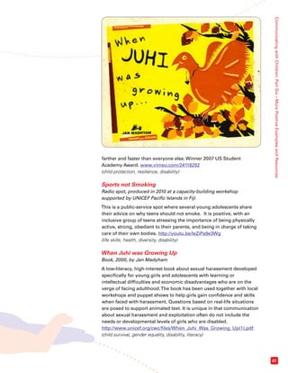 Communicating with Children: Part Six – More Positive Examples and Resources 
67 
farther and faster than everyone else. Winner 2007 US Student 
Academy Award. www.vimeo.com/24118292 
(child protection, resilience, disability) 
Sports not Smoking 
Radio spot, produced in 2010 at a capacity-building workshop 
supported by UNICEF Pacific Islands in Fiji 
This is a public-service spot where several young adolescents share 
their advice on why teens should not smoke. It is positive, with an 
inclusive group of teens stressing the importance of being physically 
active, strong, obedient to their parents, and being in charge of taking 
care of their own bodies. http://youtu.be/IeZiPa9e3Wg 
(life skills, health, diversity, disability) 
When Juhi was Growing Up 
Book, 2000, by Jan Madyham 
A low-literacy, high-interest book about sexual harassment developed 
specifically for young girls and adolescents with learning or 
intellectual difficulties and economic disadvantages who are on the 
verge of facing adulthood. The book has been used together with local 
workshops and puppet shows to help girls gain confidence and skills 
when faced with harassment. Questions based on real-life situations 
are posed to support animated text. It is unique in that communication 
about sexual harassment and exploitation often do not include the 
needs or developmental levels of girls who are disabled. 
http://www.unicef.org/cwc/files/When_Juhi_Was_Growing_Up(1).pdf 
(child survival, gender equality, disability, literacy) 
 