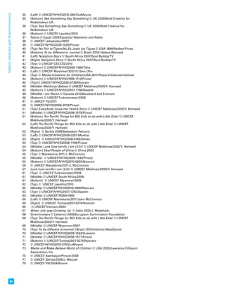 80 Communicating with Children: Credits 
35 (Left) © UNICEF/NYHQ2010-2607/LeMoyne 
35 (Bottom) See Something Say Something © UK 2009/Bold Creative for 
Nickelodeon UK 
36 (Top) See Something Say Something © UK 2009/Bold Creative for 
Nickelodeon UK 
36 (Bottom) © UNICEF Lesotho/2010 
37 Fatma © Egypt 2005/Egyptian Television and Radio 
38 © UNICEF Uzbekistan/2007 
39 © UNICEF/NYHQ2009-1926/Pirozzi 
40 (Top) No Fair to Tigers/No Es Justo los Tigres © USA 1999/Redleaf Press 
40 (Bottom) To be different is normal © Brazil 2010/ Helena Werneck 
41 (Left) Nozipho’s Story © South Africa 2007/Soul Buddyz TV 
41 (Right) Nozipho’s Story © South Africa 2007/Soul Buddyz TV 
42 (Top) © UNICEF CEE/CIS/2010 
43 (Bottom) © UNICEF/NYHQ2009-1585/Taha 
43 (Left) © UNICEF Myanmar/2001/U Sein Ohn 
44 (Top) © Media Initiatives for Children/USA 2011/Peace Initiatives Institute 
44 (Bottom) © UNICEF/NYHQ1995-1112/Pirozzi 
45 (Top)© UNICEF/NYHQ2006-0738/Noorani 
45 (Middle) Maldivian Babies © UNICEF Maldives/2000/Y. Hameed 
45 (Bottom) © UNICEF/NYHQ2007-1798/Nesbitt 
46 (Middle) I am Raven © Canada 2010/Bouchard and Everson 
46 (Bottom) © UNICEF Turkmenistan/2009 
47 © UNICEF Fiji/2011 
50 © UNICEF/NYHQ2006-2918/Pirozzi 
51 (Top) Everybody loves me: Yaish’s Story © UNICEF Maldives/2000/Y. Hameed 
51 (Middle) © UNICEF/NYHQ2008-1570/Pirozzi 
51 (Bottom) Ten Terrific Things for BIG Kids to do with Little Kids! © UNICEF 
Maldives/2000/Y. Hameed 
52 (Left) Ten Terrific Things for BIG Kids to do with Little Kids! © UNICEF 
Maldives/2000/Y. Hameed 
52 (Right) © Serbia 2008/Sakaedani Petrovic 
53 (Left) © UNICEF/NYHQ2008-0291/Markisz 
53 (Right) © UNICEF/NYHQ2008-0183/Davey 
54 (Top) © UNICEF/NYHQ2008-1796/Pirozzi 
54 (Middle) Look how terrific I am (3-5)! © UNICEF Maldives/2000/Y. Hameed 
54 (Bottom) Deaf People of China © China 2003 
55 (Top) © Macedonia 2011/J. McConnico 
55 (Middle) © UNICEF/NYHQ2009-1543/Pirozzi 
55 (Bottom) © UNICEF/NYHQ2010-0603/Noorani 
56 © UNICEF Macedonia/2011/J. McConnico 
57 Look how terrific I am (3-5)! © UNICEF Maldives/2000/Y. Hameed 
61 (Top) © UNICEF Turkmenistan/2009 
61 (Middle) © UNICEF South Africa/2006 
61 (Bottom) © UNICEF Myanmar/2005 
62 (Top) © UNICEF Lesotho/2010 
62 (Middle) © UNICEF/NYHQ2010-2963/Noorani 
63 (Top) © UNICEF/NYHQ2007-1292/Asselin 
63 (Middle) © UNICEF ROSA/1990 
64 (Left) © UNICEF Macedonia/2011/John McConnico 
64 (Right) © UNICEF /Tunisia2007-0274/Noorani 
65 © UNICEF Vietnam/2003 
67 When Juhi was Growing Up © India 2000/J. Madyham 
68 Oneminutejrs © Lebanon 2006/European Commission Foundation 
69 (Top) Ten Terrific Things for BIG Kids to do with Little Kids! © UNICEF 
Maldives/2000/Y. Hameed 
69 (Middle) © UNICEF Myanmar/2007 
70 (Top) To be different is normal ©Brazil 2010/Instituto MetaSocial 
70 (Middle) © UNICEF/NYHQ2009-1553/Husseini 
71 (Middle) © UNICEF/NYHQ2008-1571/Pirozzi 
71 (Bottom) © UNICEF/Tunisia2007-0275/Noorani 
72 © UNICEF/NYHQ2010-0753/LeMoyne 
73 Media and Make-Believe World of Children © USA 2005/Lawrence Erlbaum 
Association, Inc 
75 © UNICEF Azerbaijan/Pirozzi/2008 
77 © UNICEF Serbia/2009/J. Maccak 
79 © UNICEF VN/2004/Khanh 
 