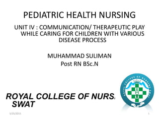 PEDIATRIC HEALTH NURSING
UNIT IV : COMMUNICATION/ THERAPEUTIC PLAY
WHILE CARING FOR CHILDREN WITH VARIOUS
DISEASE PROCESS
MUHAMMAD SULIMAN
Post RN BSc.N
ROYAL COLLEGE OF NURSING
SWAT
15/25/2015
 