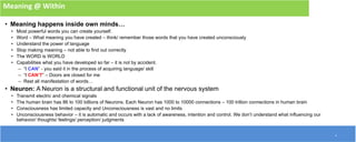 4
Meaning @ Within
• Meaning happens inside own minds…
• Most powerful words you can create yourself.
• Word – What meaning you have created – think/ remember those words that you have created unconsciously
• Understand the power of language
• Stop making meaning – not able to find out correctly
• The WORD is WORLD
• Capabilities what you have developed so far – it is not by accident.
– “I CAN” - you said it in the process of acquiring language/ skill
– “I CAN’T” – Doors are closed for me
– Rest all manifestation of words…
• Neuron: A Neuron is a structural and functional unit of the nervous system
• Transmit electric and chemical signals
• The human brain has 86 to 100 billions of Neurons. Each Neuron has 1000 to 10000 connections – 100 trillion connections in human brain
• Consciousness has limited capacity and Unconsciousness is vast and no limits
• Unconsciousness behavior – it is automatic and occurs with a lack of awareness, intention and control. We don’t understand what influencing our
behavior/ thoughts/ feelings/ perception/ judgments
 