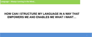 5
Language – Always running in the Mind…
HOW CAN I STRUCTURE MY LANGUAGE IN A WAY THAT
EMPOWERS ME AND ENABLES ME WHAT I WANT…
 