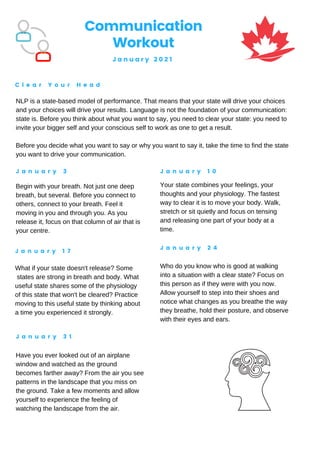 NLP is a state-based model of performance. That means that your state will drive your choices
and your choices will drive your results. Language is not the foundation of your communication:
state is. Before you think about what you want to say, you need to clear your state: you need to
invite your bigger self and your conscious self to work as one to get a result.
Before you decide what you want to say or why you want to say it, take the time to find the state
you want to drive your communication.
Communication
Workout
J a n u a r y 2 0 2 1
C l e a r Y o u r H e a d
J a n u a r y 3 J a n u a r y 1 0
J a n u a r y 1 7
J a n u a r y 2 4
J a n u a r y 3 1
Begin with your breath. Not just one deep
breath, but several. Before you connect to
others, connect to your breath. Feel it
moving in you and through you. As you
release it, focus on that column of air that is
your centre.
Your state combines your feelings, your
thoughts and your physiology. The fastest
way to clear it is to move your body. Walk,
stretch or sit quietly and focus on tensing
and releasing one part of your body at a
time.
What if your state doesn't release? Some
states are strong in breath and body. What
useful state shares some of the physiology
of this state that won't be cleared? Practice
moving to this useful state by thinking about
a time you experienced it strongly.
Who do you know who is good at walking
into a situation with a clear state? Focus on
this person as if they were with you now.
Allow yourself to step into their shoes and
notice what changes as you breathe the way
they breathe, hold their posture, and observe
with their eyes and ears.
Have you ever looked out of an airplane
window and watched as the ground
becomes farther away? From the air you see
patterns in the landscape that you miss on
the ground. Take a few moments and allow
yourself to experience the feeling of
watching the landscape from the air.
 
