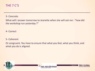 THE 7 C’S
3- Concrete
What will I answer tomorrow to Jeanette when she will ask me : “how did
the workshop run yesterday ?”
4- Correct
5- Coherent
Or congruent. You have to ensure that what you feel, what you think, and
what you do is aligned.
11 Sept 2014
 