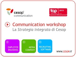MEDIA
COMPANY
RECRUITING
SOFTWARE
WWW.CESOP.IT
EMPLOYER
BRANDING
Communication workshop
La Strategia integrata di Cesop
 