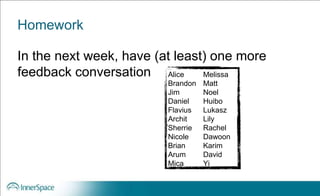 Homework
In the next week, have (at least) one more
feedback conversation Alice Melissa
Brandon Matt
Jim Noel
Daniel Huibo
Flavius Lukasz
Archit Lily
Sherrie Rachel
Nicole Dawoon
Brian Karim
Arum David
Mica Yi
 