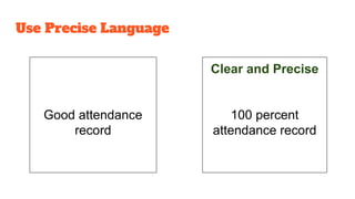 Good attendance
record
Clear and Precise
100 percent
attendance record
Use Precise Language
 