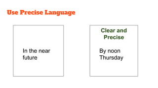 In the near
future
Clear and
Precise
By noon
Thursday
Use Precise Language
 